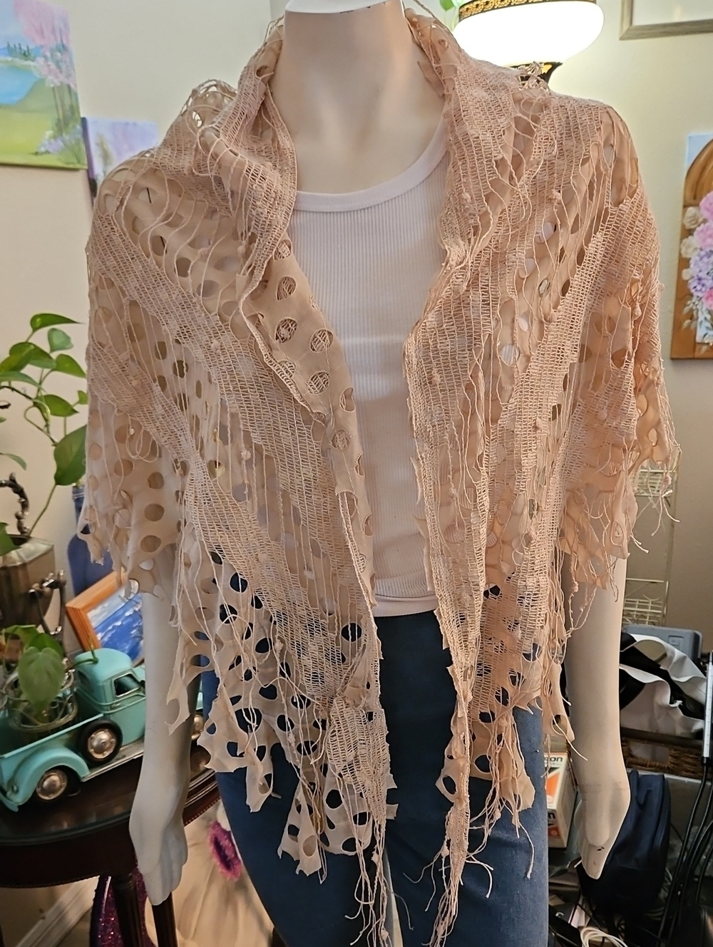 Light Cream Crochet Fringe Shawl - Picture 1 of 4